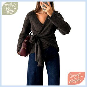 V-Neck Wrap Cardigan with Self-Tie Belt, Cozy Knit Sweater for Fall Winter